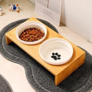Duo de bols en céramique sur table en bambou surélevée pour chat