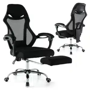 Chaise de Bureau Ergonomique en Maille avec Repose-Pieds, Chaise de Direction Pivotante avec Appui-tête Fauteuil Inclinable Dossier Réglable, Chaise d’Ordinateur avec Accoudoirs, Noir
